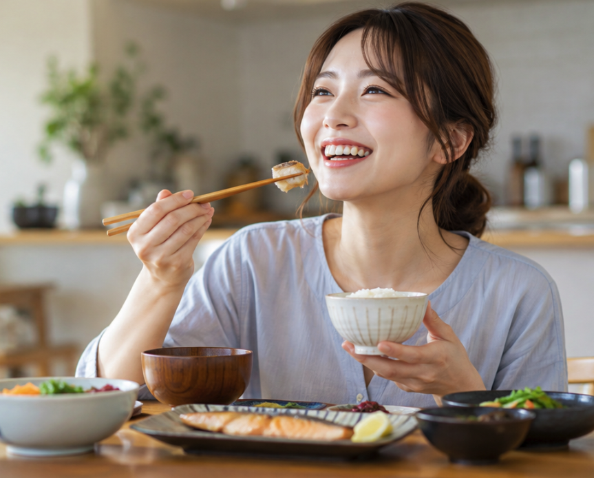 和食をおいしそうに食べている女性のイメージ