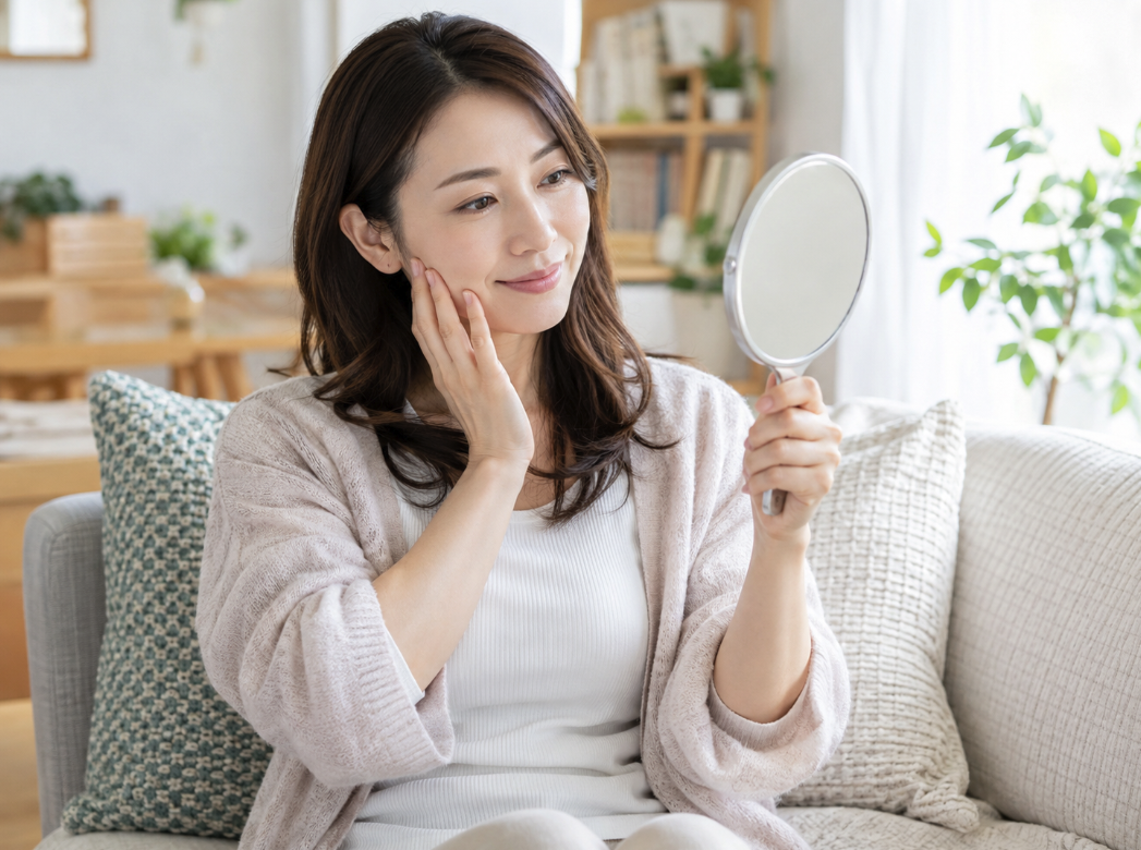 手鏡で頬のあたりを気にしている女性のイメージ